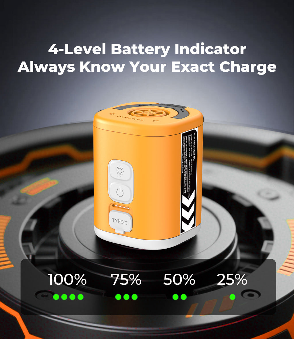 RoosCamp Air Master SL 4-level battery indicator display showing 100%, 75%, 50% and 25% charge
