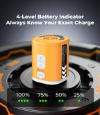RoosCamp Air Master SL 4-level battery indicator display showing 100%, 75%, 50% and 25% charge
