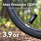 RoosCamp Air Master X Jet Bike Pump connected to a bicycle tyre, showing 130 PSI maximum pressure, 3-in-1 mini pump design and 3.9 oz weight