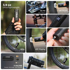 RoosCamp Air Master X Jet Bike Pump feature collage showing 130 PSI pressure, LED tyre-pressure display, built-in light, under-60-second inflation, three valve options and IPX4 waterproof design