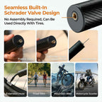 RoosCamp Air Master X Jet Bike Pump valve guide showing built-in Schrader valve, Presta valve support, Schrader copper head, ball needle, extension hose and use with road bikes, mountain bikes and scooters