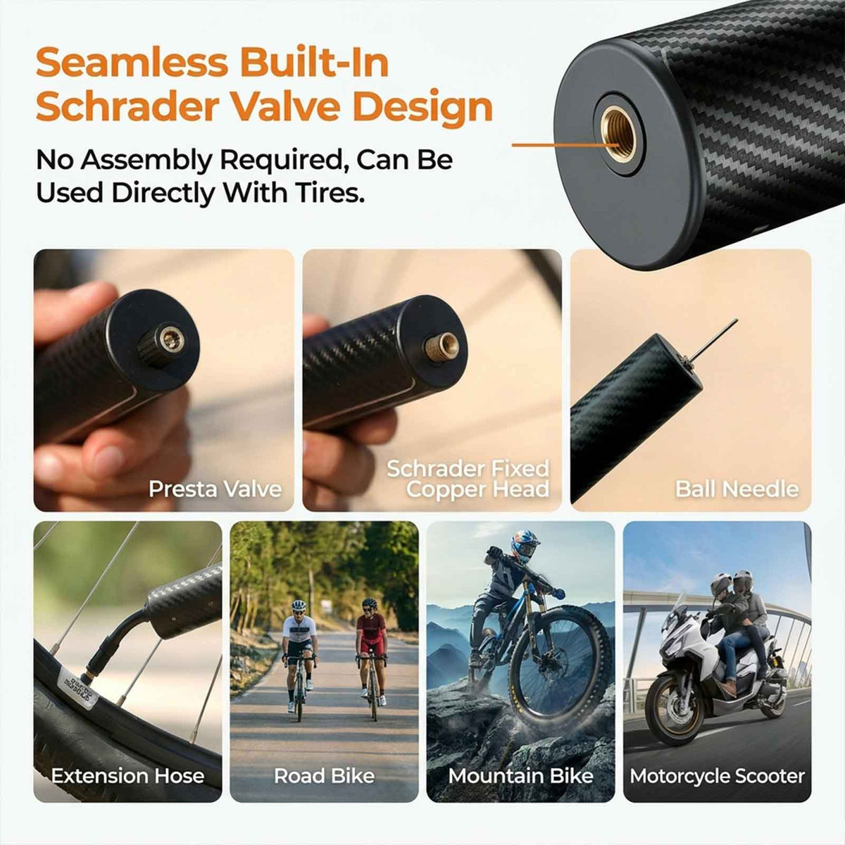 RoosCamp Air Master X Jet Bike Pump valve guide showing built-in Schrader valve, Presta valve support, Schrader copper head, ball needle, extension hose and use with road bikes, mountain bikes and scooters