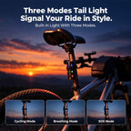 RoosCamp Air Master X Jet Bike Pump mounted beneath a bicycle saddle with three tail-light modes, Cycling, Breathing and SOS