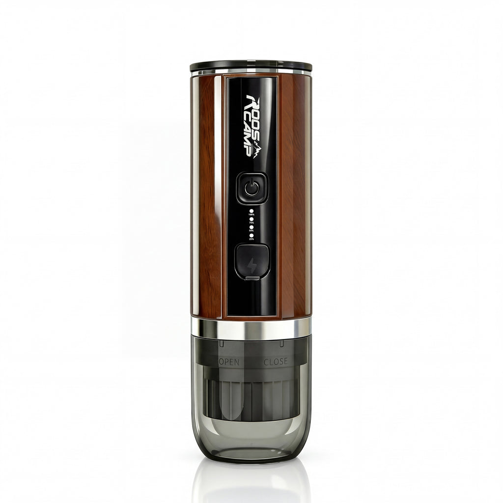 RoosCamp Pocket Esso portable espresso maker – front view showing wood-grain body, power button, LED battery indicator and water chamber
