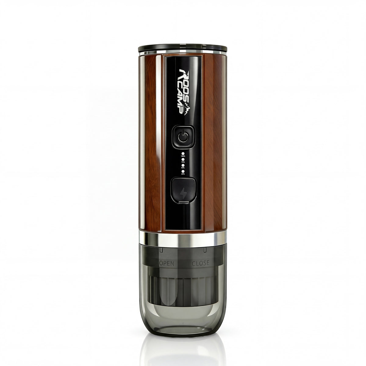 RoosCamp Pocket Esso portable espresso maker – front view showing wood-grain body, power button, LED battery indicator and water chamber
