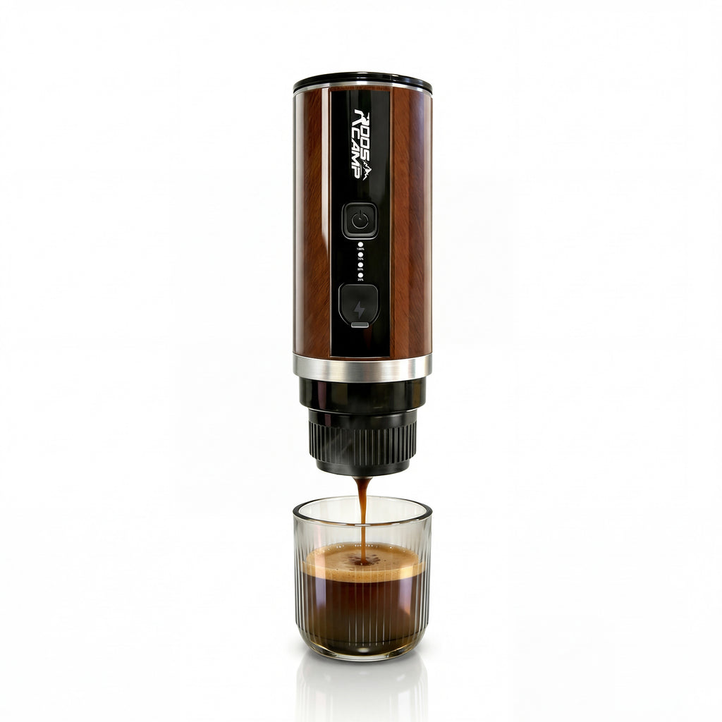 RoosCamp Pocket Esso self-heating espresso maker dispensing fresh espresso with crema into a glass cup
