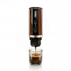 RoosCamp Pocket Esso self-heating espresso maker dispensing fresh espresso with crema into a glass cup
