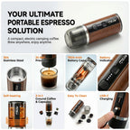 RoosCamp Pocket Esso espresso maker laid flat with included accessories – glass cup, capsule adapter and ground coffee basket
