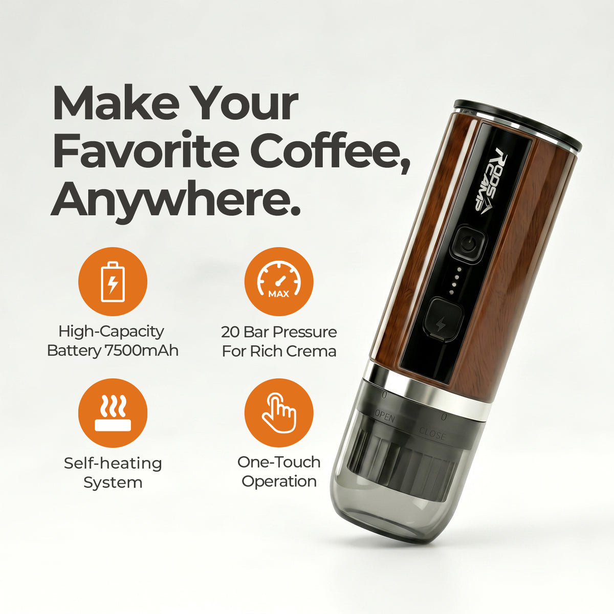 RoosCamp Pocket Esso key features – 7500mAh high-capacity battery, 20 bar pressure for rich crema, self-heating system and one-touch operation
