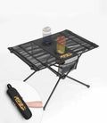 RoosCamp Portable Camping Table in black with Oxford nylon surface, 2 cup holders, side mesh pocket and aluminium frame, shown with carry bag