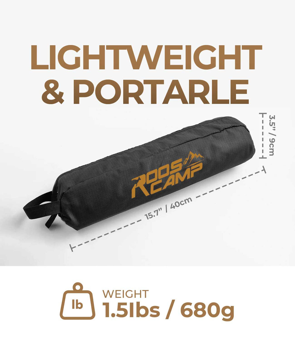 RoosCamp Portable Camping Table packed in carry bag measuring 15.7 x 3.5 inches (40 x 9cm), weighing 1.5 lbs / 680g
