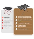 RoosCamp Portable Camping Table comparison chart showing advantages over standard camping tables: aerospace-grade aluminium frame, rock-solid stability, packed small and lightweight, two drink holders and side pocket for essentials