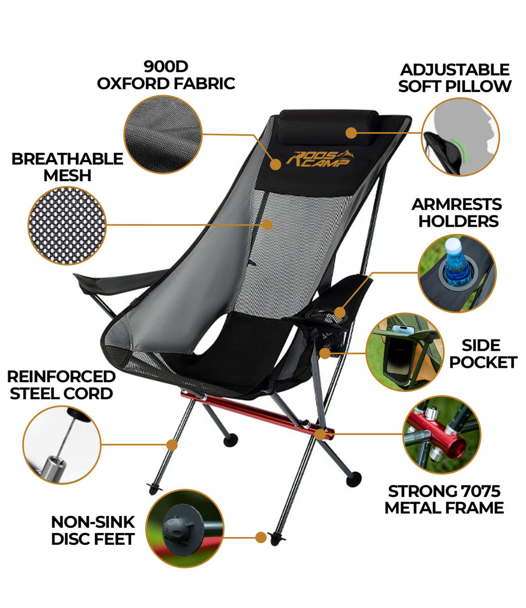 RoosCamp Portable High-Back Camping Armchair features diagram showing 900D Oxford fabric, breathable mesh, adjustable soft pillow, armrest cup holders, side pocket, 7075 metal frame, reinforced steel cord and non-sink disc feet