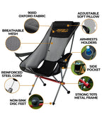 RoosCamp Portable High-Back Camping Armchair features diagram showing 900D Oxford fabric, breathable mesh, adjustable soft pillow, armrest cup holders, side pocket, 7075 metal frame, reinforced steel cord and non-sink disc feet