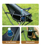 RoosCamp Portable High-Back Armchair armrest cup holder and side pocket detail close-up