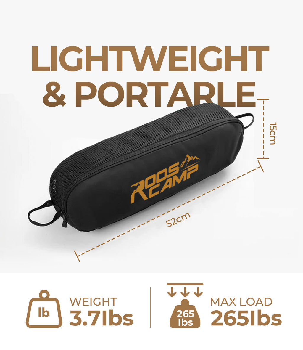 RoosCamp Portable High-Back Camping Chair packed in carry bag, 52cm x 15cm, weighing 3.7lbs with 265lb max load capacity