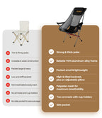 RoosCamp Portable High-Back Camping Armchair comparison chart showing advantages over standard camping chairs including 7075 aluminium frame, adjustable pillow, armrests and cup holders