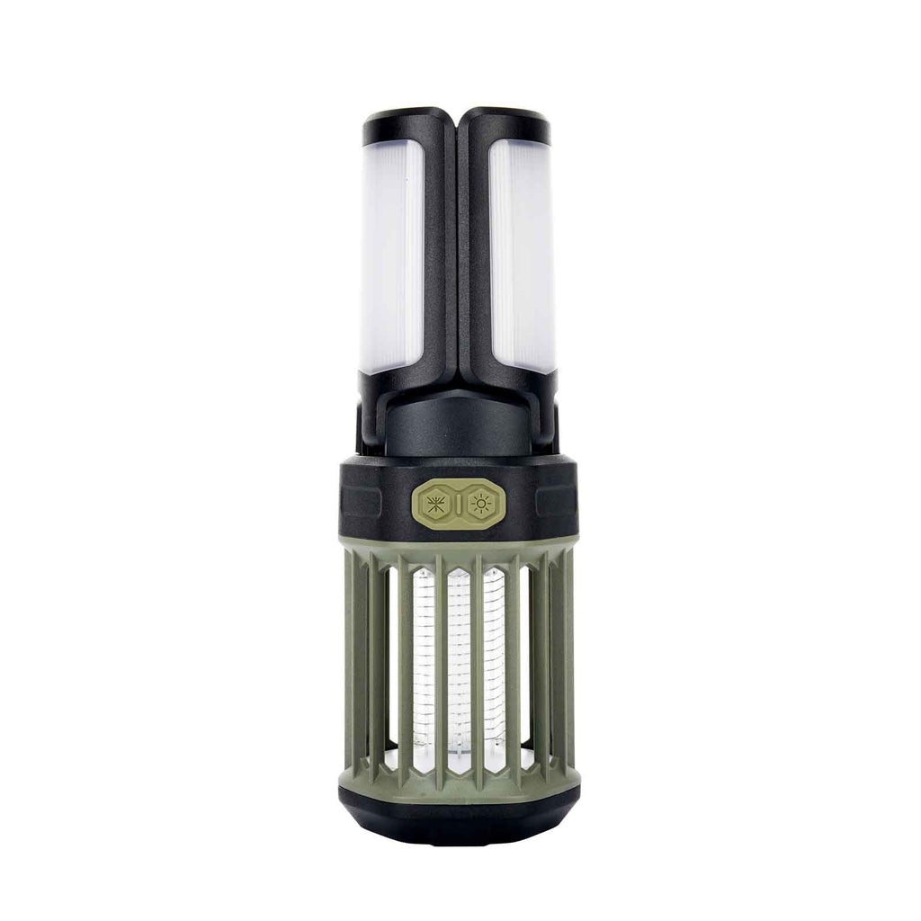Roos Camp 2-in-1 camping lantern and electric bug zapper shown upright with three-panel LED lights, protective outer cage and purple UV zapper tubes