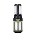 Roos Camp 2-in-1 camping lantern and electric bug zapper shown upright with three-panel LED lights, protective outer cage and purple UV zapper tubes