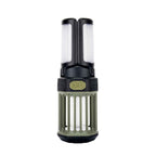 Roos Camp 2-in-1 camping lantern and electric bug zapper shown upright with three-panel LED lights, protective outer cage and purple UV zapper tubes