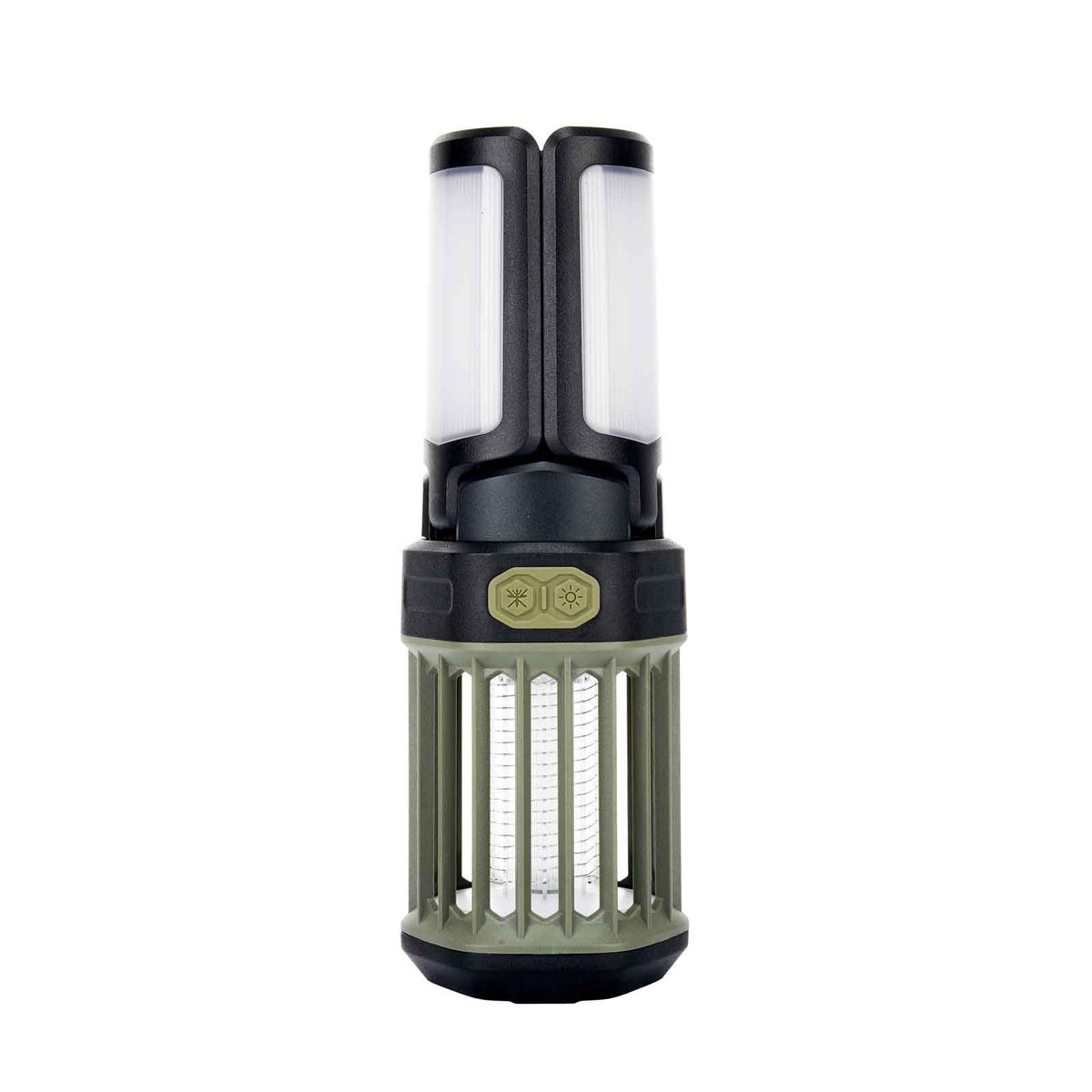 Roos Camp 2-in-1 camping lantern and electric bug zapper shown upright with three-panel LED lights, protective outer cage and purple UV zapper tubes