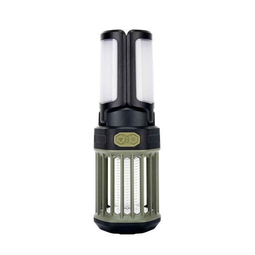 Roos Camp 2-in-1 camping lantern and electric bug zapper shown upright with three-panel LED lights, protective outer cage and purple UV zapper tubes