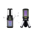 Roos Camp camping lantern and electric bug zapper shown in two configurations, with mosquitoes around the purple UV light and foldable LED panels opened for lighting