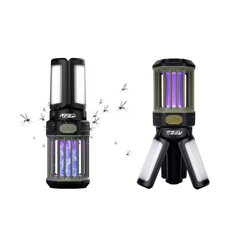 Roos Camp camping lantern and electric bug zapper shown in two configurations, with mosquitoes around the purple UV light and foldable LED panels opened for lighting