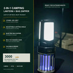 Roos Camp 2-in-1 camping lantern and bug zapper feature graphic showing three-panel LED lighting, adjustable lighting angle, electric bug zapper, hanging hook, foldable design and 3000mAh Type-C rechargeable battery