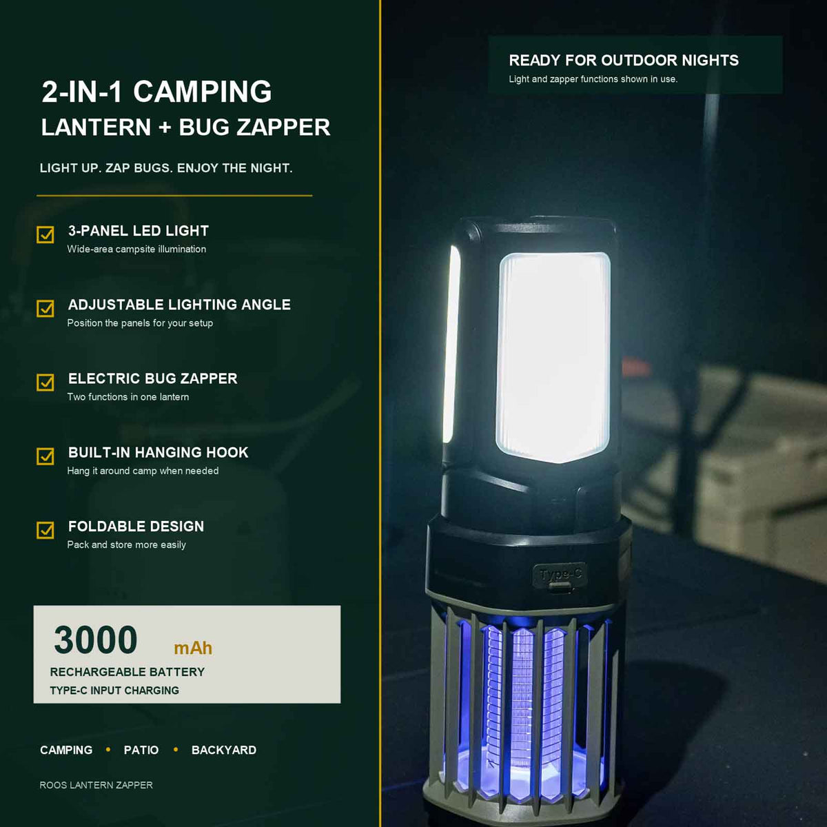Roos Camp 2-in-1 camping lantern and bug zapper feature graphic showing three-panel LED lighting, adjustable lighting angle, electric bug zapper, hanging hook, foldable design and 3000mAh Type-C rechargeable battery