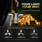 Roos Camp camping lantern hanging beside a tent with three foldable LED panels, showing one, two and three panel lighting modes and adjustable panel angles
