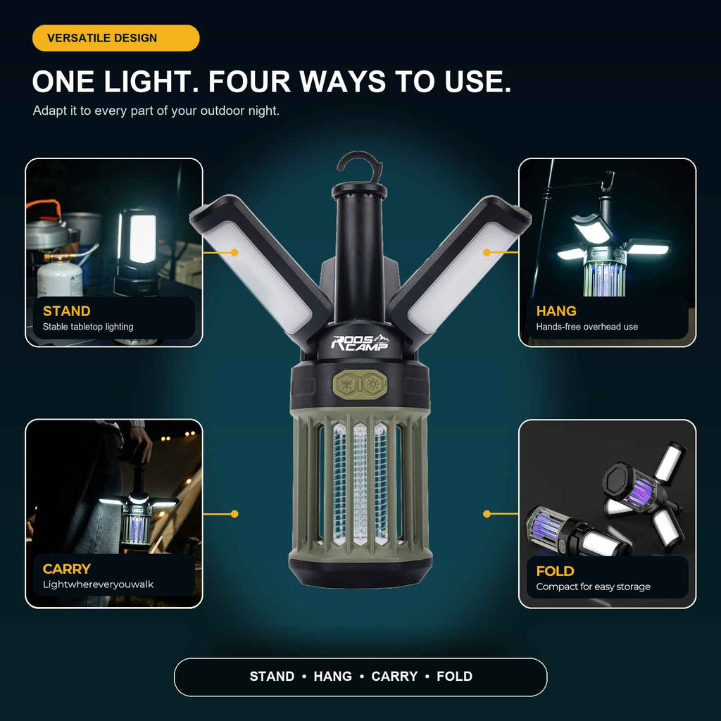 Roos Camp camping lantern and bug zapper showing four uses: standing on a table, hanging overhead, carrying outdoors and folding for storage