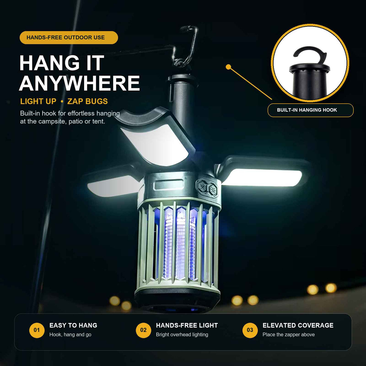 Roos Camp camping lantern and electric bug zapper hanging from its built-in hook, showing hands-free lighting and elevated mosquito control at an outdoor campsite