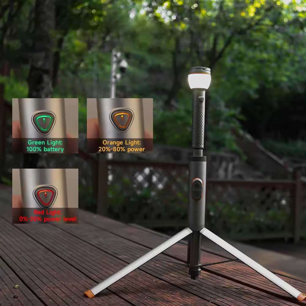 RoosCamp RoosLight Nano camping lantern on tripod showing LED battery indicator lights — green full, orange mid, red low