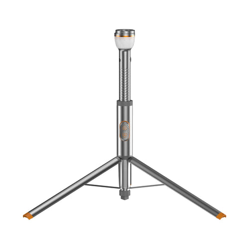 RoosCamp RoosLight Nano extendable camping lantern fully extended on aluminium tripod stand, white background product shot