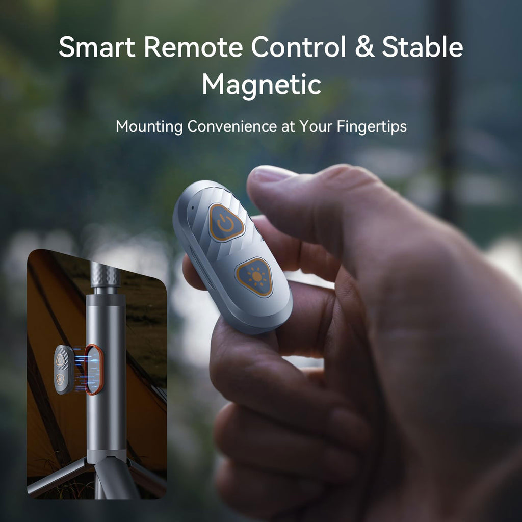 RoosCamp RoosLight Nano smart remote control and magnetic mounting detail showing wireless controller held in hand