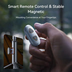 RoosCamp RoosLight Nano smart remote control and magnetic mounting detail showing wireless controller held in hand