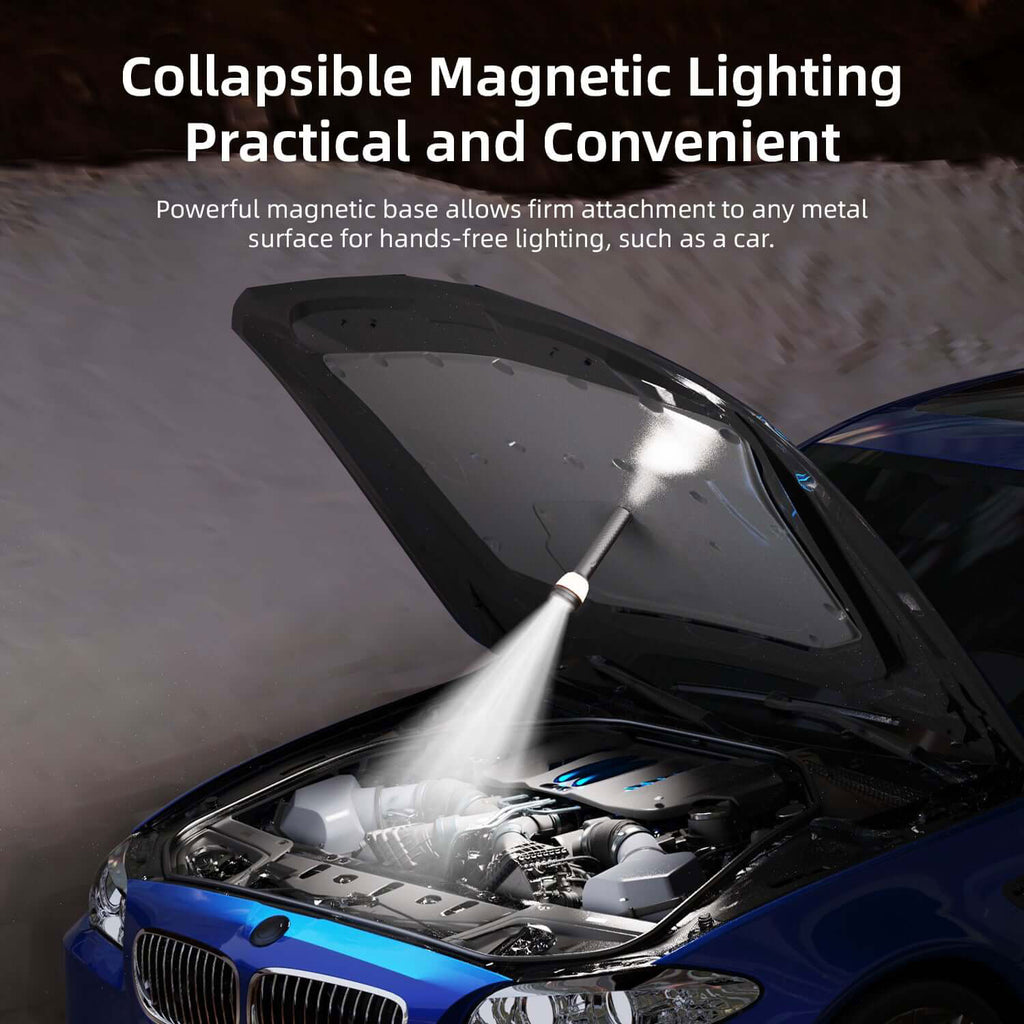 RoosCamp RoosLight Nano collapsible camping lantern with magnetic base attached to car engine bay for hands-free lighting
