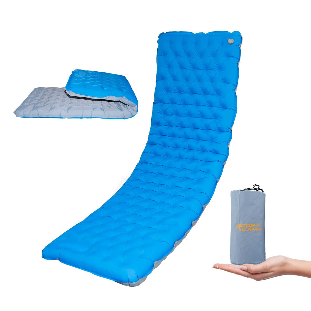 Roos Camp RoosPad Elite inflatable camping sleeping mat in Blue & Grey – hero shot showing fully inflated mat with integrated pillow and carry bag held in hand
