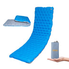 Roos Camp RoosPad Elite inflatable camping sleeping mat in Blue & Grey – hero shot showing fully inflated mat with integrated pillow and carry bag held in hand
