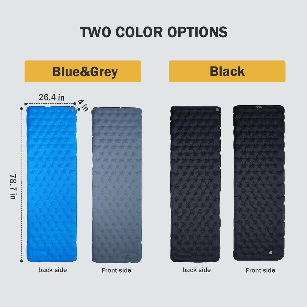 Roos Camp RoosPad Elite camping mat size and colour options infographic showing Blue & Grey and Black variants with dimensions 78.7 x 26.4 x 4 inches, front and back sides