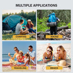 Roos Camp RoosPad Elite multiple applications lifestyle collage showing use for camping, hiking, travelling and beach
