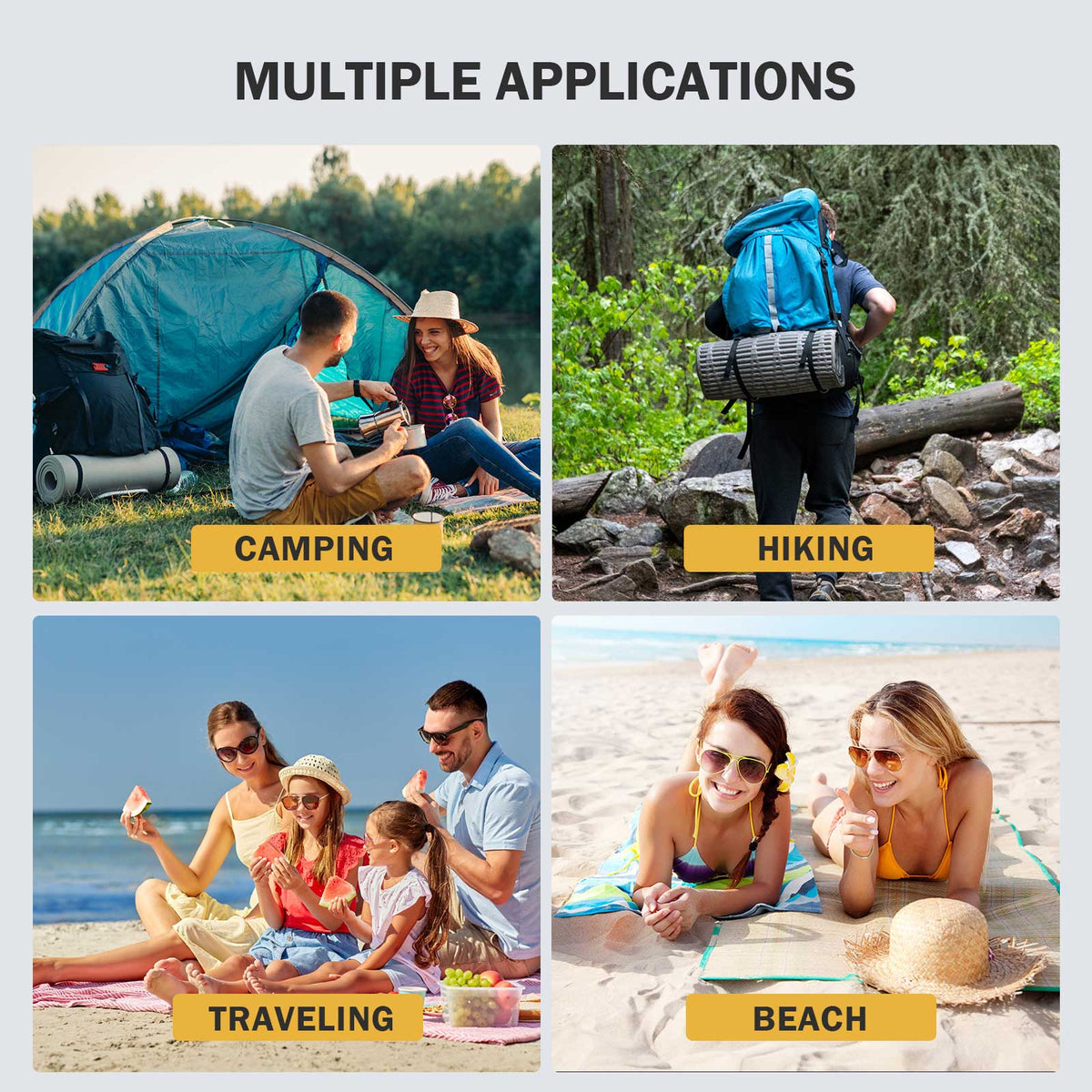 Roos Camp RoosPad Elite multiple applications lifestyle collage showing use for camping, hiking, travelling and beach
