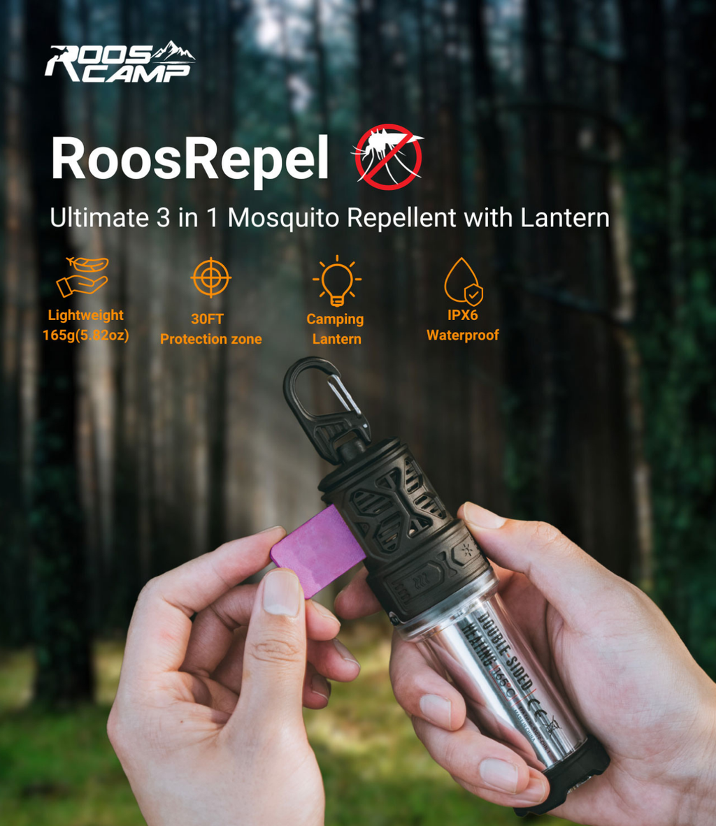 RoosCamp RoosRepel 3-in-1 mosquito repellent lantern hero shot — hands inserting repellent pad into device in woodland setting, showing lightweight 165g design, 30ft protection zone, camping lantern and IPX6 waterproof icons