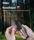 RoosCamp RoosRepel 3-in-1 mosquito repellent lantern hero shot — hands inserting repellent pad into device in woodland setting, showing lightweight 165g design, 30ft protection zone, camping lantern and IPX6 waterproof icons