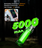RoosCamp RoosRepel 5000mAh power bank in use — device on camping blanket charging an iPhone via USB cable