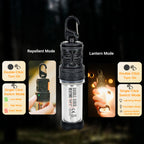 RoosCamp RoosRepel showing repellent mode and lantern mode controls — double-click to activate, single-click to switch between low, high and super repellent modes or flashlight and lightning lantern modes