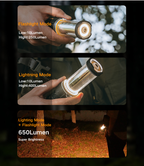 RoosCamp RoosRepel lighting modes diagram — flashlight mode up to 250 lumens, lightning mode up to 400 lumens, combined hybrid mode at 650 lumens super brightness