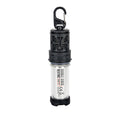 RoosCamp RoosRepel 3-in-1 mosquito repellent lantern and power bank on white background, angled product shot showing carabiner hook and clear cylinder body