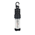 RoosCamp RoosRepel 3-in-1 mosquito repellent lantern and power bank on white background, angled product shot showing carabiner hook and clear cylinder body